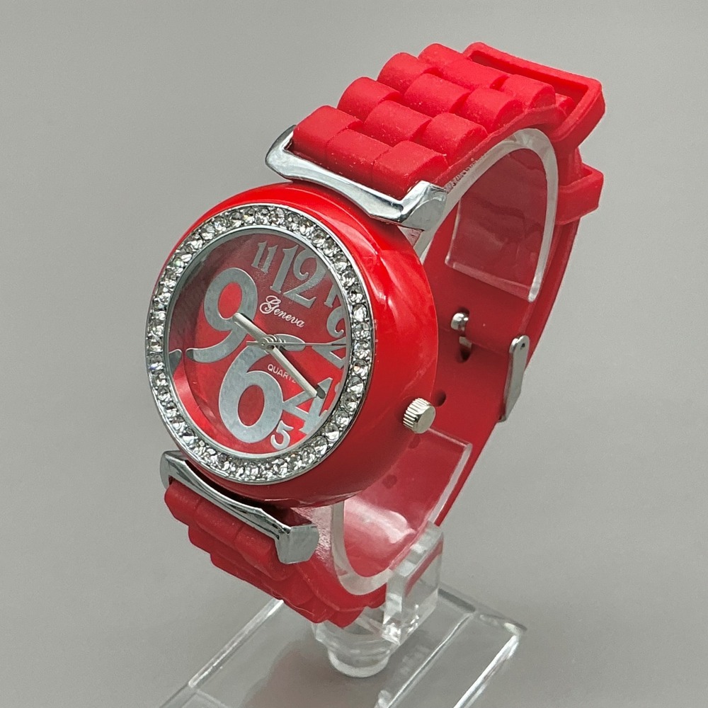Geneva‎ Watch Women Red Rhinestone Bezel Silicone Band Quartz Analog NEW BATTERY